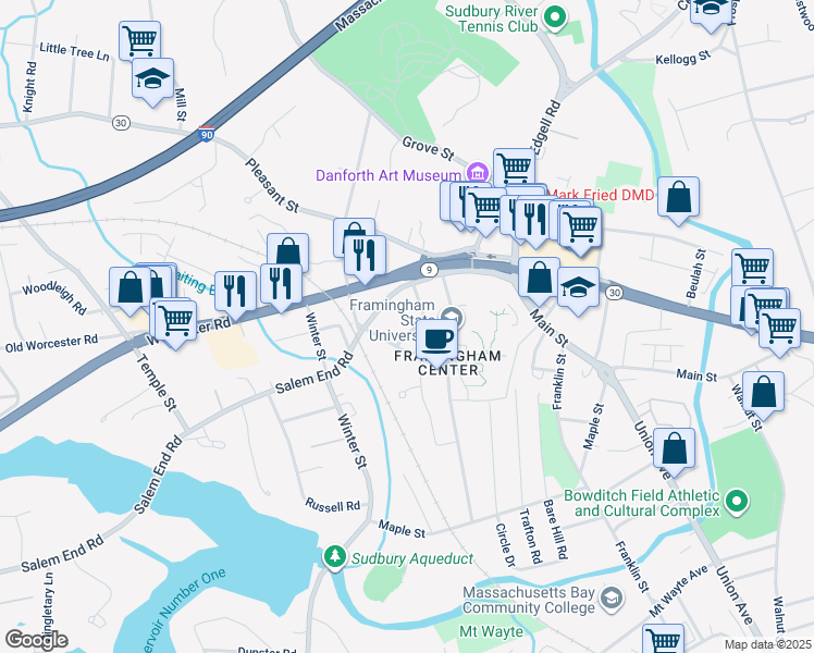 map of restaurants, bars, coffee shops, grocery stores, and more near 43 Adams Road in Framingham
