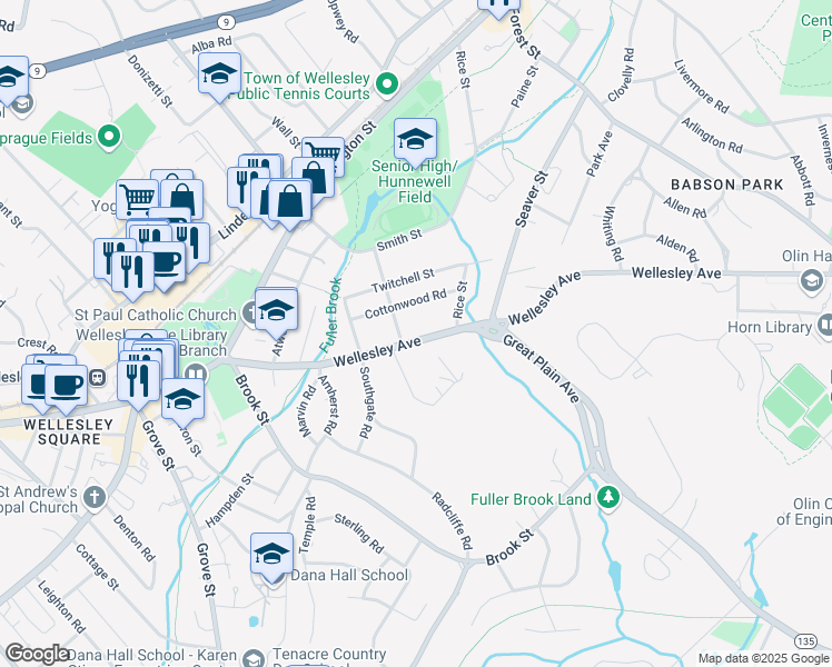 map of restaurants, bars, coffee shops, grocery stores, and more near 76 Wellesley Avenue in Wellesley