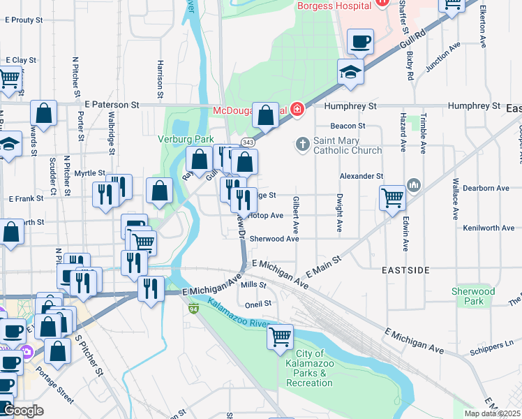 map of restaurants, bars, coffee shops, grocery stores, and more near 1025 Hotop Avenue in Kalamazoo