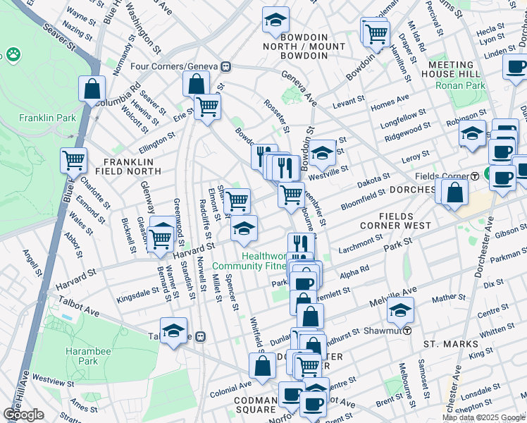 map of restaurants, bars, coffee shops, grocery stores, and more near 9 Harvard Park in Boston