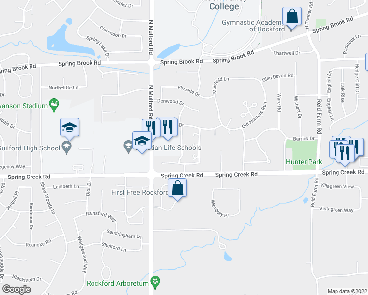 map of restaurants, bars, coffee shops, grocery stores, and more near 6105 Brynwood Drive in Rockford