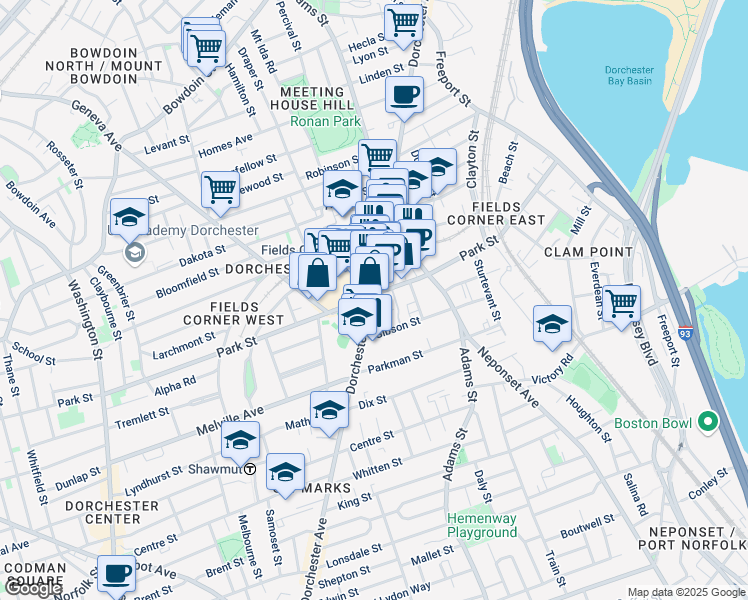map of restaurants, bars, coffee shops, grocery stores, and more near 189 Park Street in Boston