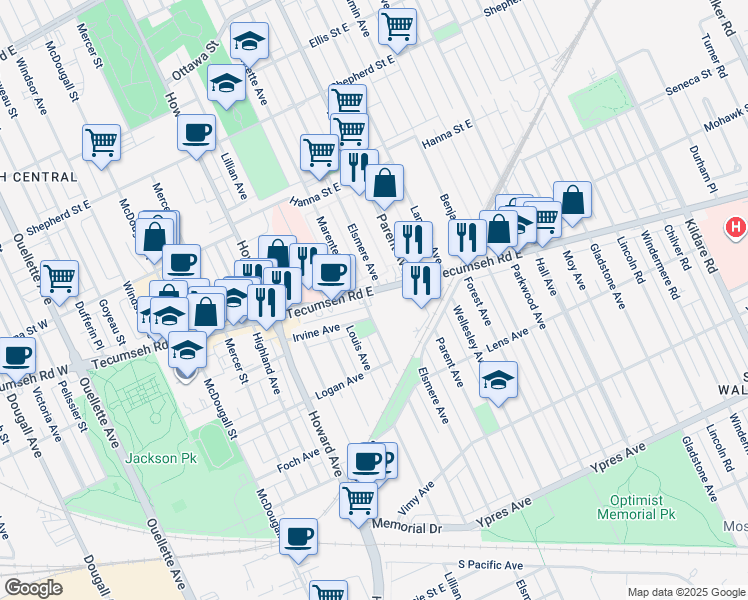 map of restaurants, bars, coffee shops, grocery stores, and more near 835 Tecumseh Road East in Windsor