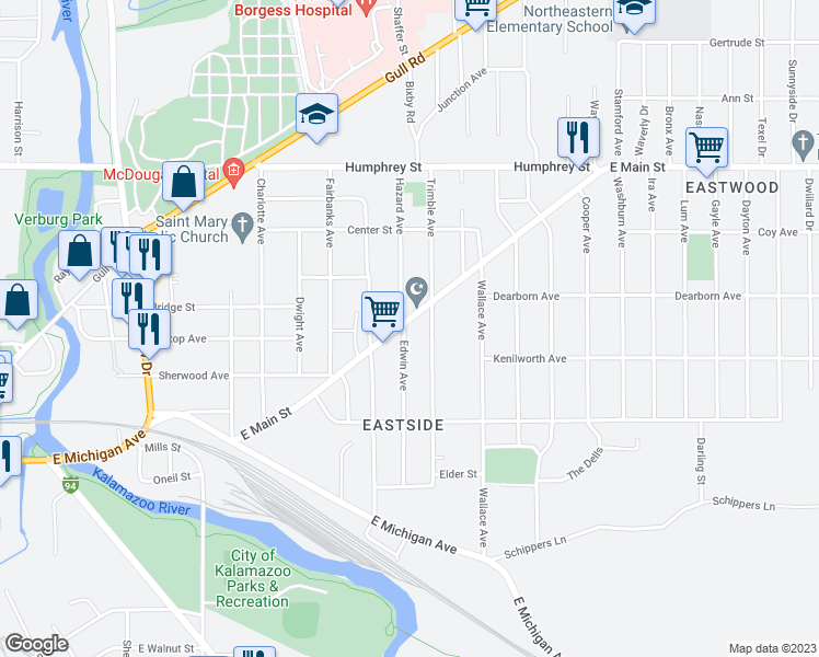 map of restaurants, bars, coffee shops, grocery stores, and more near 1702 East Main Street in Kalamazoo