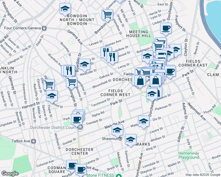 map of restaurants, bars, coffee shops, grocery stores, and more near 50 Tonawanda Street in Boston