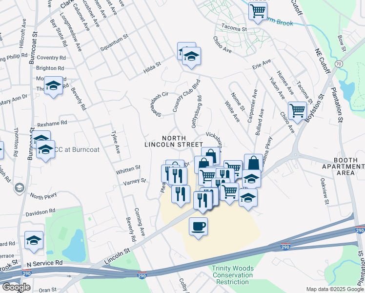map of restaurants, bars, coffee shops, grocery stores, and more near 83 Country Club Boulevard in Worcester