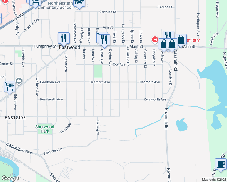 map of restaurants, bars, coffee shops, grocery stores, and more near 630 Dayton Avenue in Kalamazoo