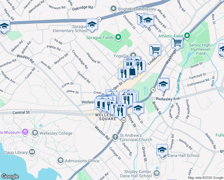 map of restaurants, bars, coffee shops, grocery stores, and more near 2 Hollis Street in Wellesley