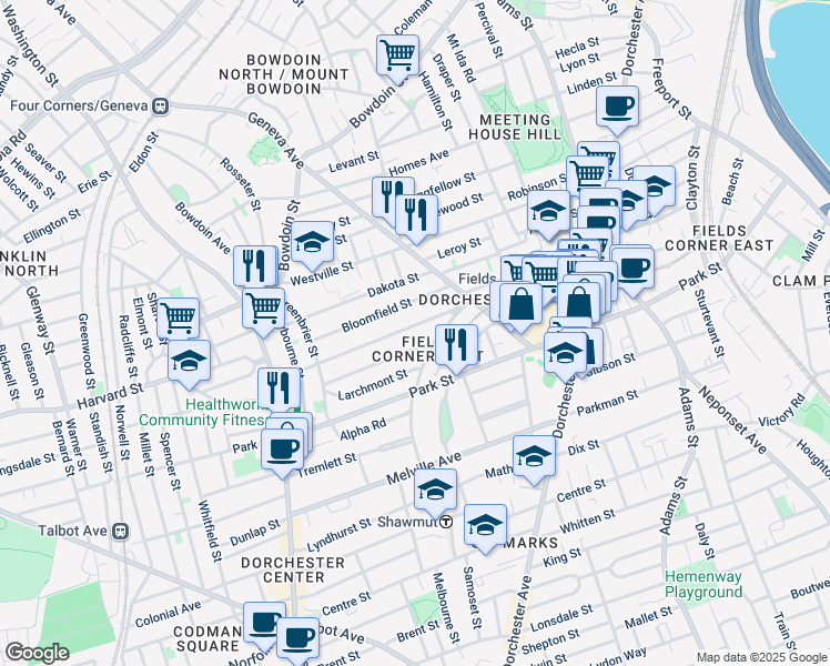 map of restaurants, bars, coffee shops, grocery stores, and more near 50 Tonawanda Street in Boston