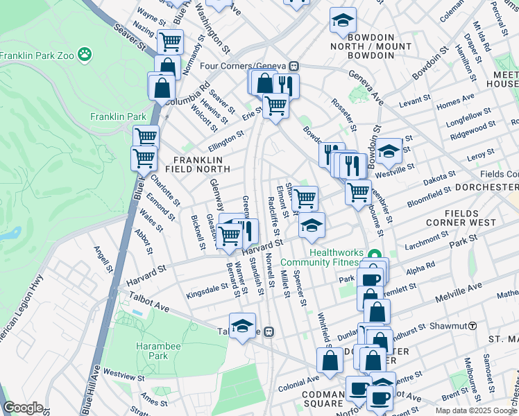 map of restaurants, bars, coffee shops, grocery stores, and more near 105 Norwell Street in Boston