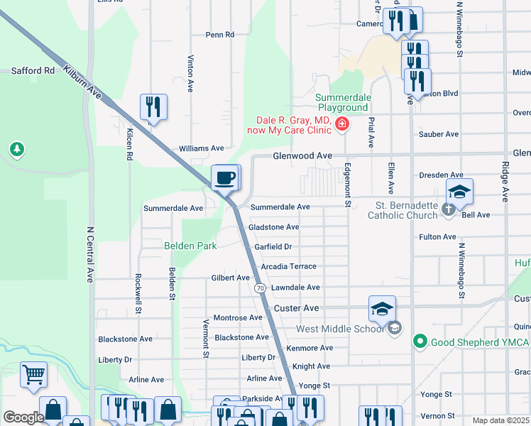 map of restaurants, bars, coffee shops, grocery stores, and more near 3118 Summerdale Avenue in Rockford