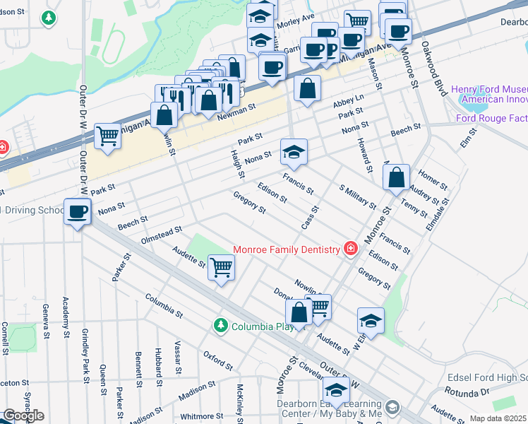 map of restaurants, bars, coffee shops, grocery stores, and more near 22515 Gregory Street in Dearborn