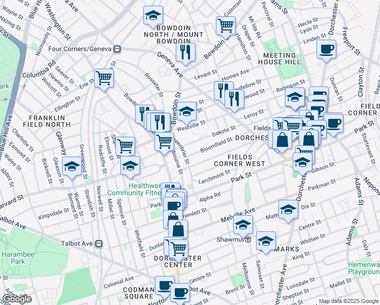 map of restaurants, bars, coffee shops, grocery stores, and more near 107 Bloomfield Street in Boston