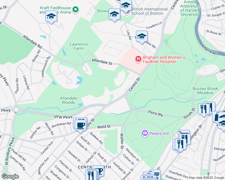 map of restaurants, bars, coffee shops, grocery stores, and more near 1215-R Centre Street in Boston