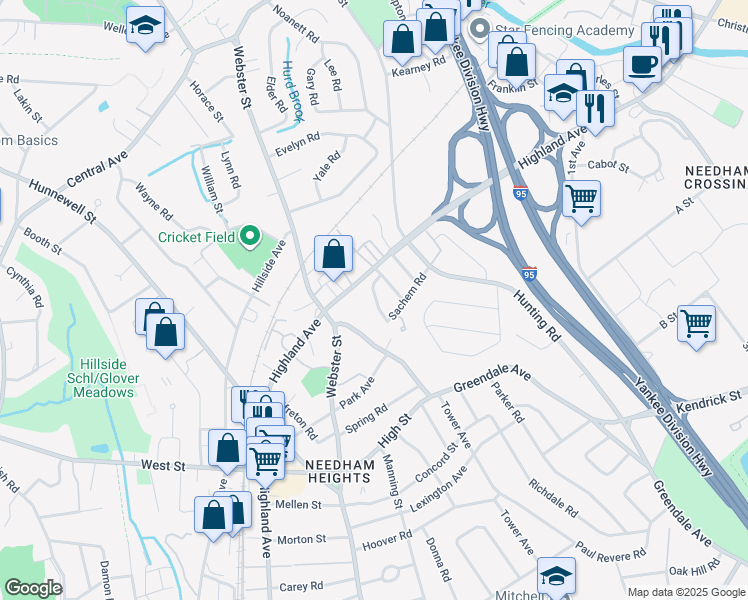 map of restaurants, bars, coffee shops, grocery stores, and more near 29 Davenport Road in Needham