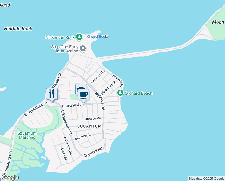 map of restaurants, bars, coffee shops, grocery stores, and more near 42 Brunswick Street in Quincy