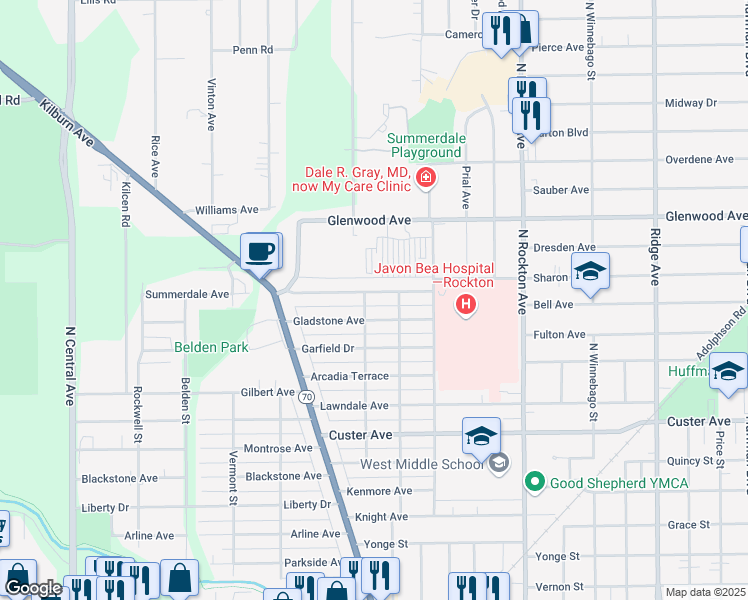map of restaurants, bars, coffee shops, grocery stores, and more near 2924 Summerdale Avenue in Rockford