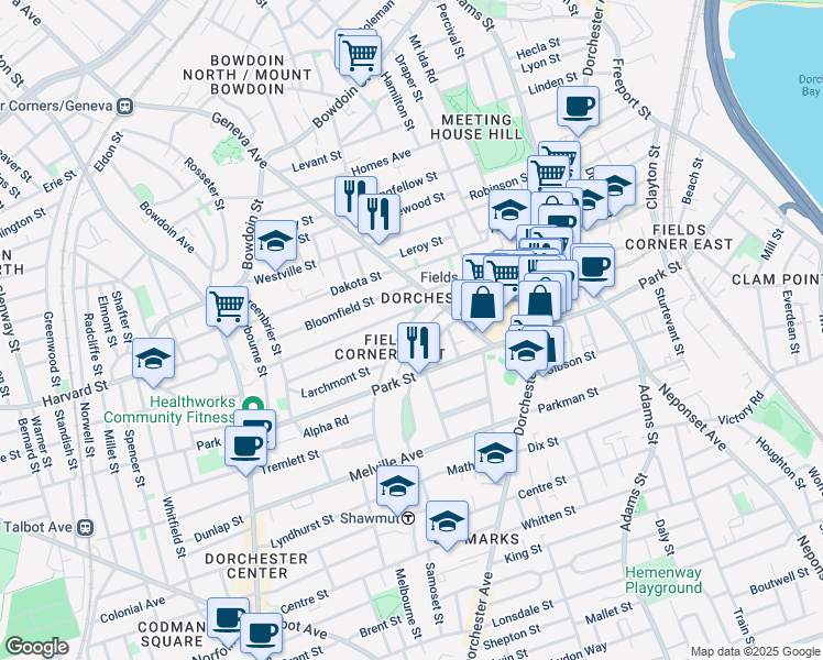 map of restaurants, bars, coffee shops, grocery stores, and more near 83 Waldeck Street in Boston