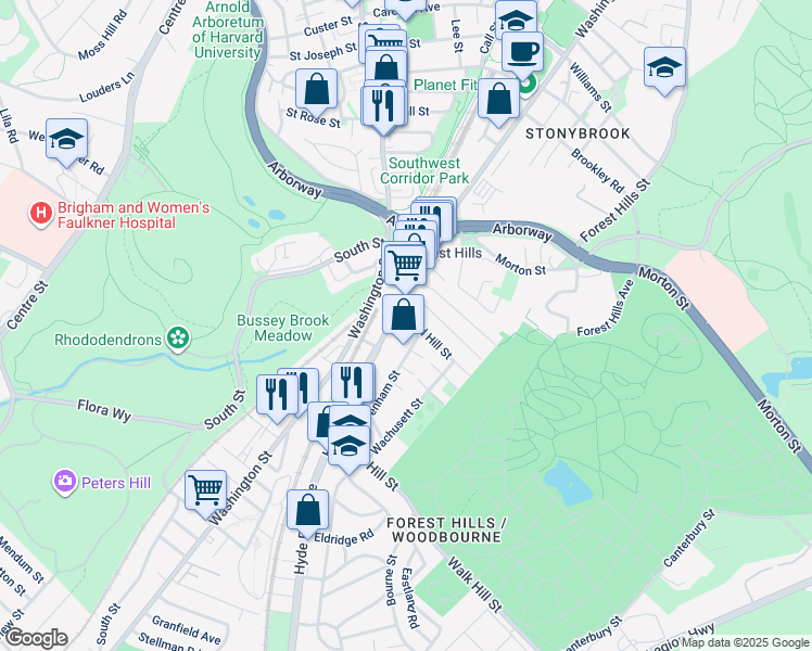 map of restaurants, bars, coffee shops, grocery stores, and more near 11 Weld Hill Street in Boston