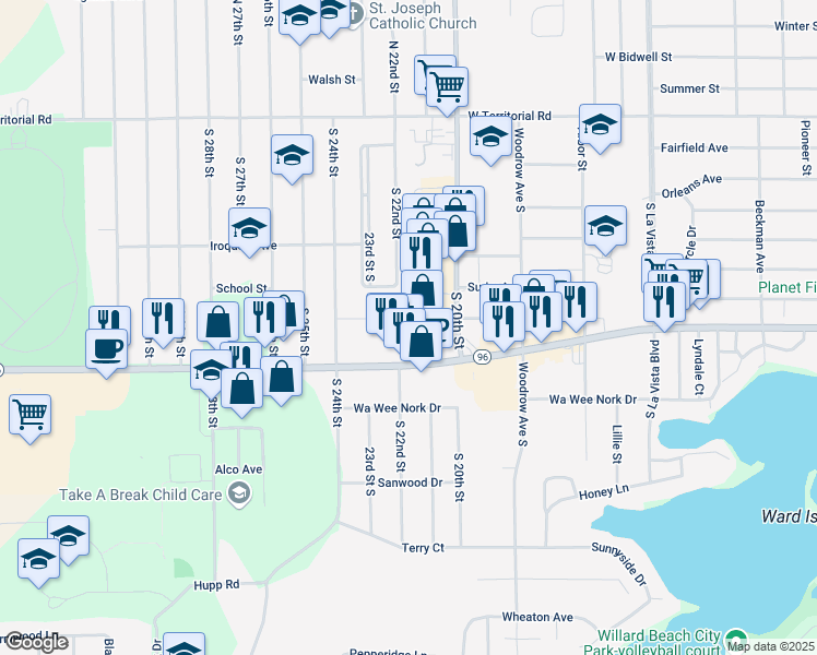 map of restaurants, bars, coffee shops, grocery stores, and more near 1305 Lakeview Avenue in Battle Creek