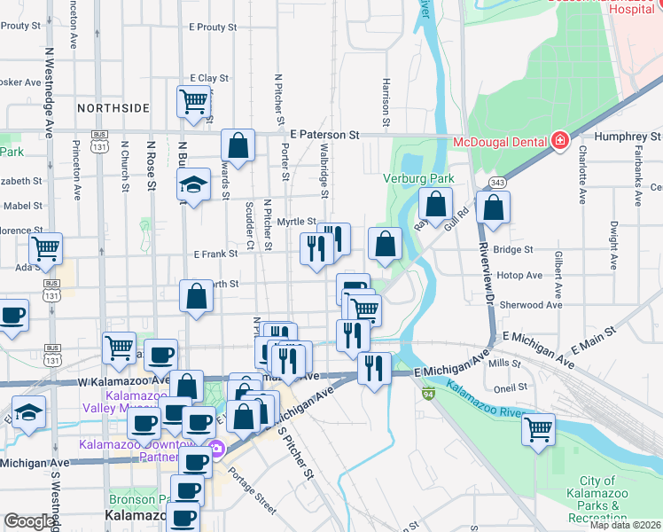 map of restaurants, bars, coffee shops, grocery stores, and more near 429 East North Street in Kalamazoo