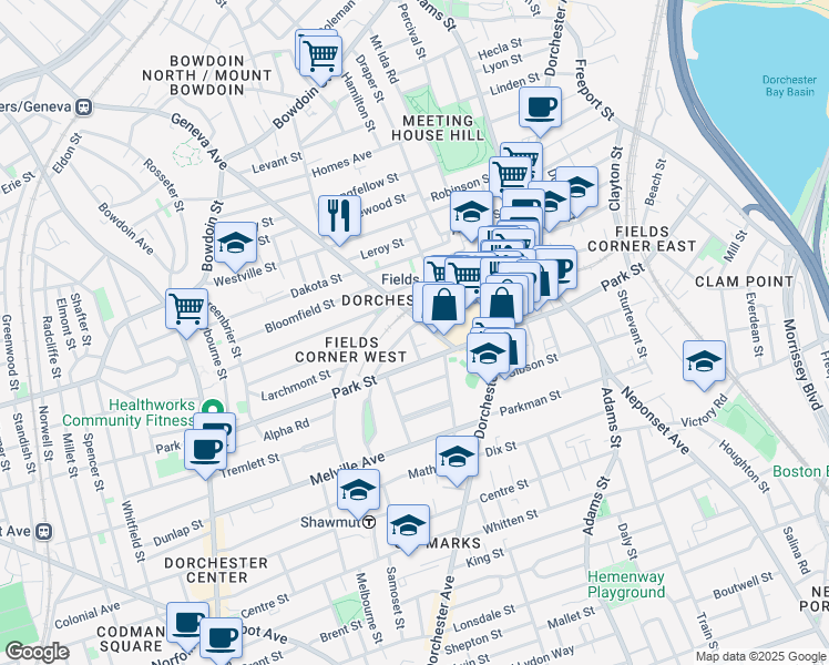 map of restaurants, bars, coffee shops, grocery stores, and more near 2 Marlowe Street in Boston