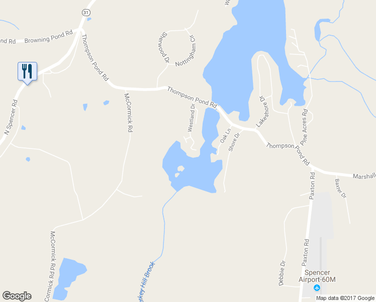 map of restaurants, bars, coffee shops, grocery stores, and more near 30 Westland Drive in Spencer