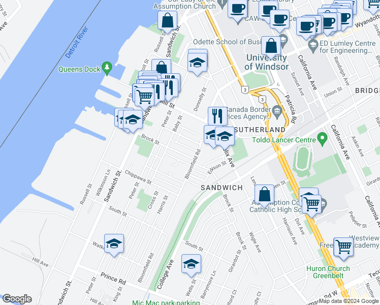 map of restaurants, bars, coffee shops, grocery stores, and more near 650 Brock Street in Windsor