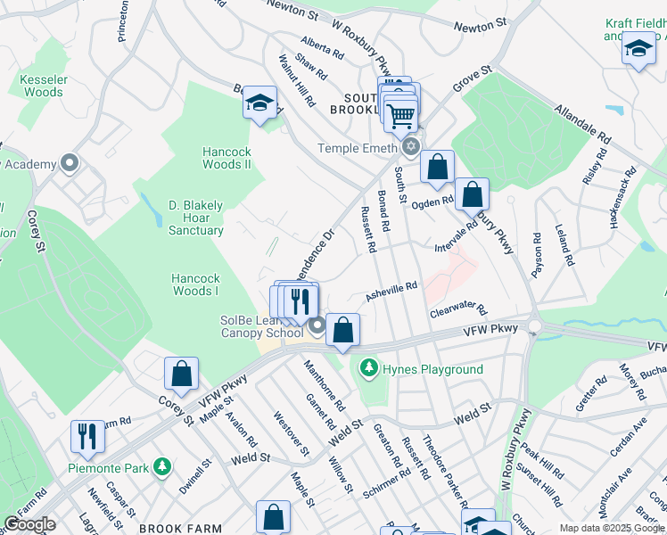 map of restaurants, bars, coffee shops, grocery stores, and more near 91 Thornton Road in Brookline