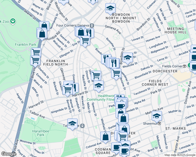 map of restaurants, bars, coffee shops, grocery stores, and more near 43 Harvard Avenue in Boston