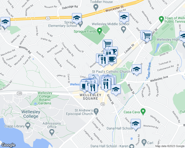 map of restaurants, bars, coffee shops, grocery stores, and more near 3 Delanson Circle in Wellesley