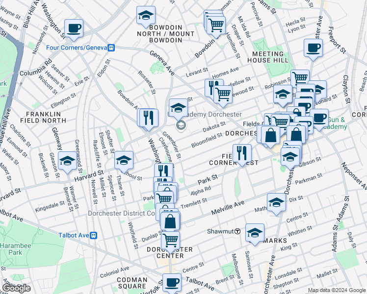 map of restaurants, bars, coffee shops, grocery stores, and more near 94 Bloomfield Street in Boston