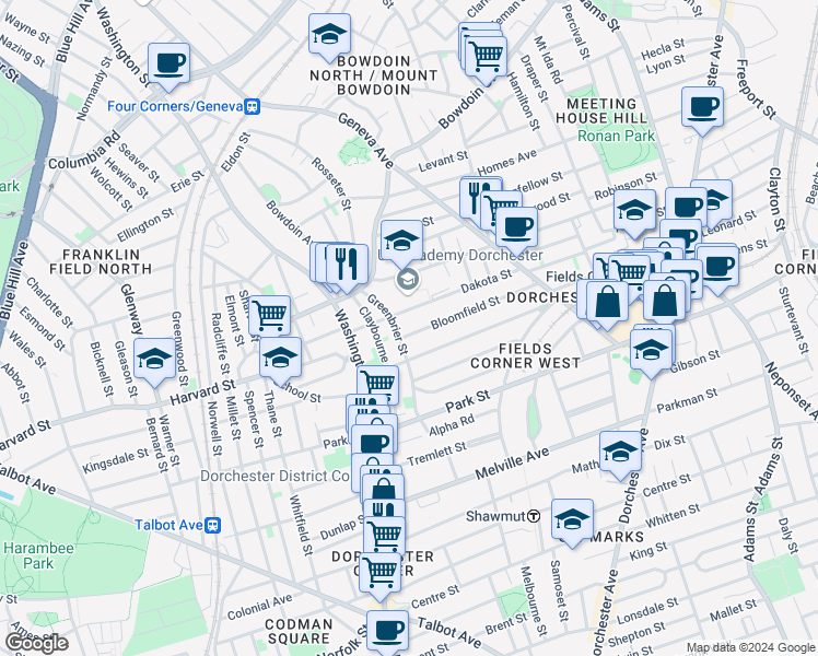 map of restaurants, bars, coffee shops, grocery stores, and more near 94 Bloomfield Street in Boston
