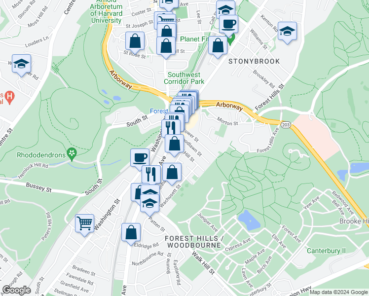 map of restaurants, bars, coffee shops, grocery stores, and more near 19 Weld Hill Street in Boston