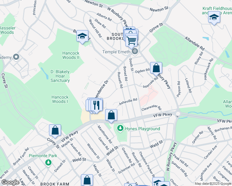 map of restaurants, bars, coffee shops, grocery stores, and more near 26 Thornton Road in Brookline