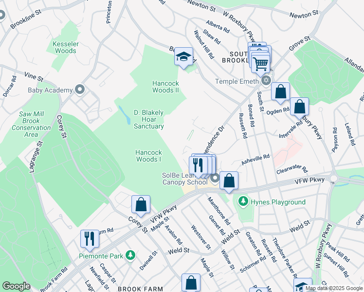 map of restaurants, bars, coffee shops, grocery stores, and more near 40 Sherman Road in Boston