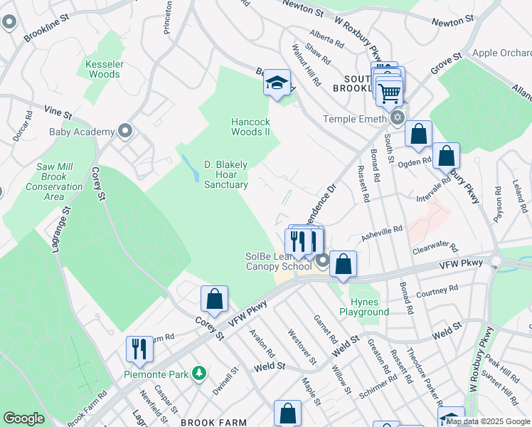 map of restaurants, bars, coffee shops, grocery stores, and more near 102 Sherman Road in Boston