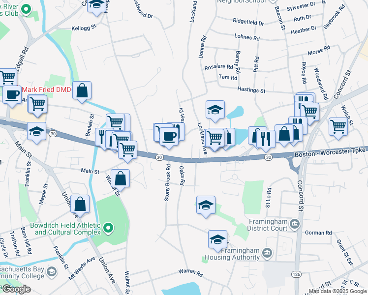 map of restaurants, bars, coffee shops, grocery stores, and more near 571 Worcester Road in Framingham