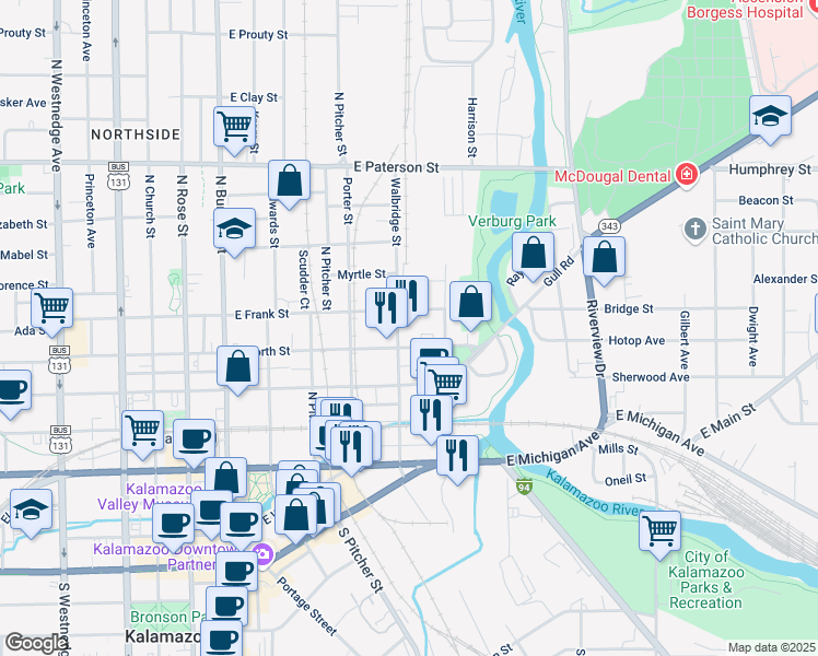 map of restaurants, bars, coffee shops, grocery stores, and more near 429 East North Street in Kalamazoo