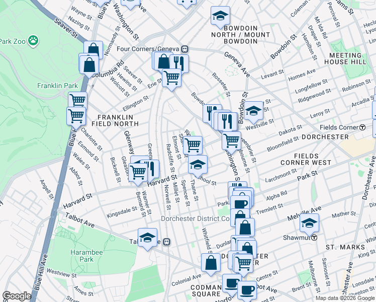 map of restaurants, bars, coffee shops, grocery stores, and more near 43 Harvard Avenue in Boston
