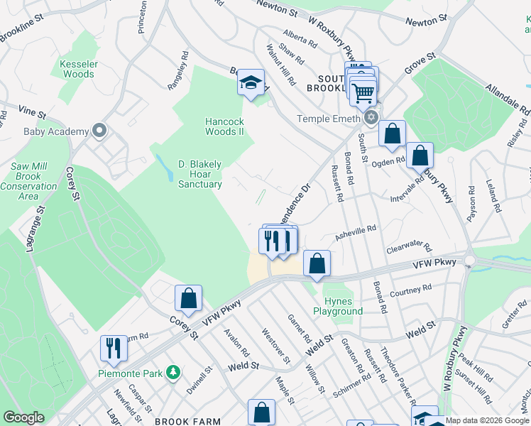 map of restaurants, bars, coffee shops, grocery stores, and more near 40 Sherman Road in Boston