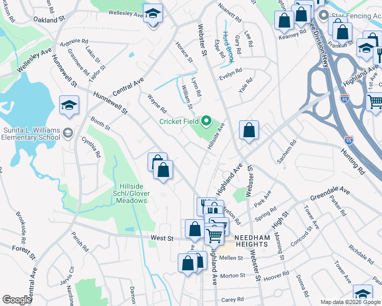 map of restaurants, bars, coffee shops, grocery stores, and more near 87 Hillside Avenue in Needham