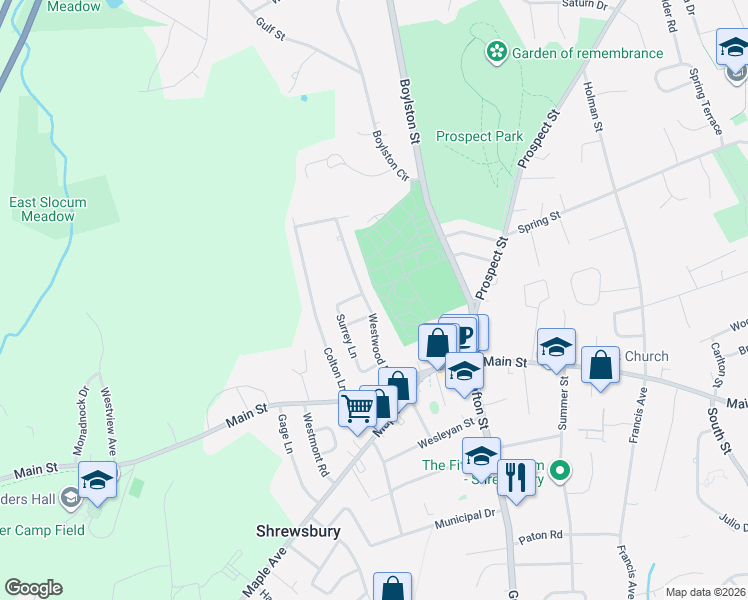 map of restaurants, bars, coffee shops, grocery stores, and more near 40 Westwood Road in Shrewsbury