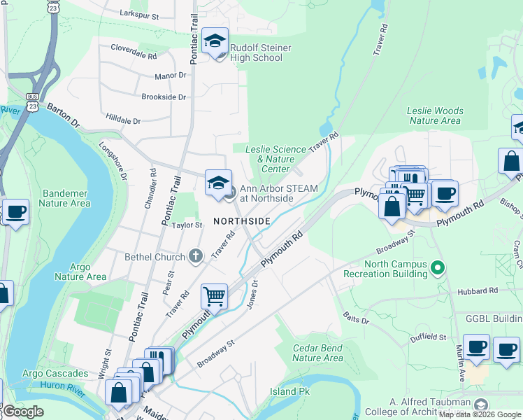 map of restaurants, bars, coffee shops, grocery stores, and more near 1712 Traver Road in Ann Arbor