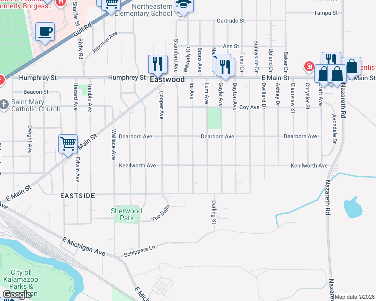 map of restaurants, bars, coffee shops, grocery stores, and more near 628 Washburn Avenue in Kalamazoo