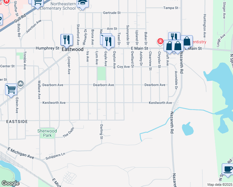 map of restaurants, bars, coffee shops, grocery stores, and more near 630 Dayton Avenue in Kalamazoo