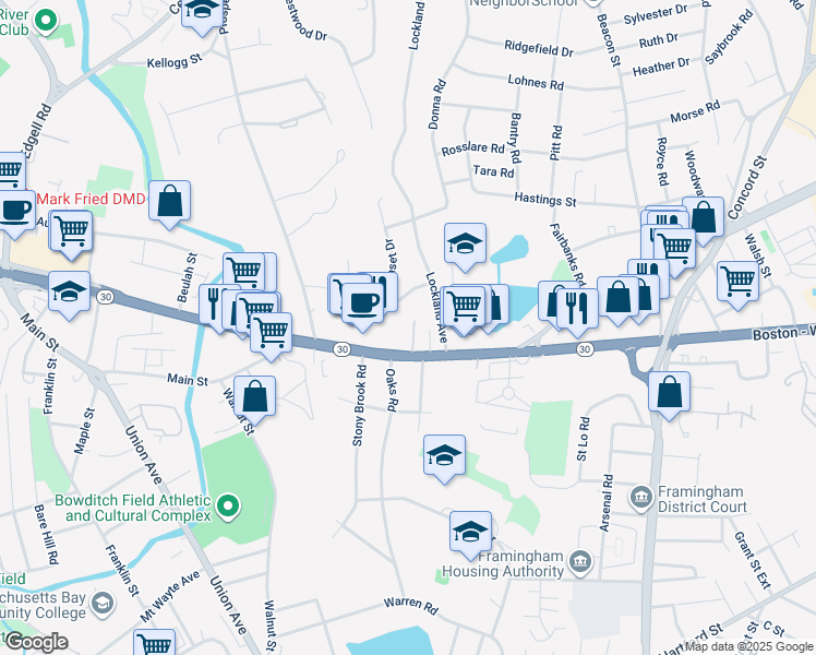 map of restaurants, bars, coffee shops, grocery stores, and more near 551 Worcester Road in Framingham