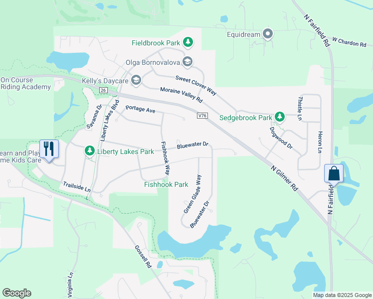 map of restaurants, bars, coffee shops, grocery stores, and more near 2546 Bluewater Drive in Wauconda
