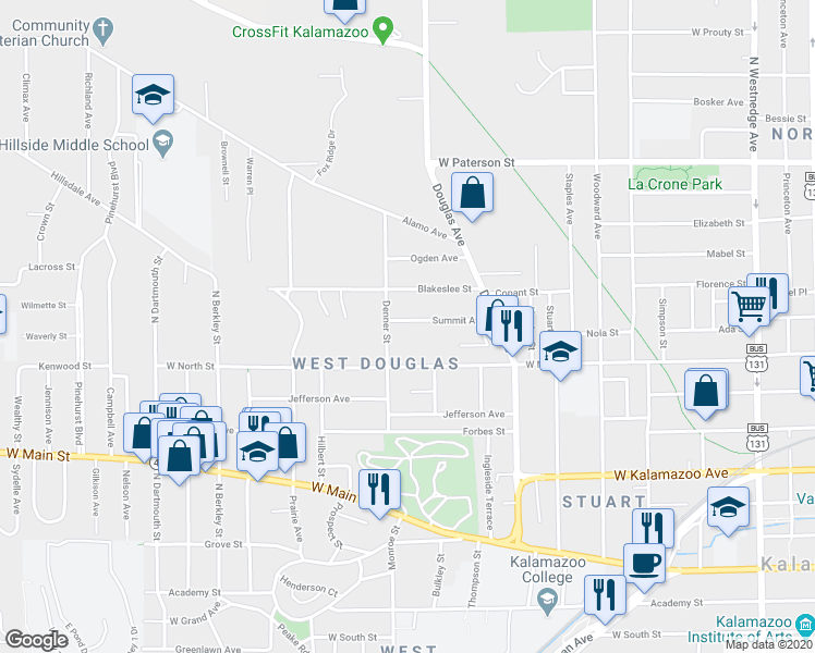 map of restaurants, bars, coffee shops, grocery stores, and more near 1321 Summit Avenue in Kalamazoo