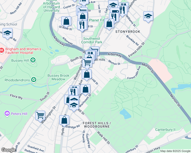 map of restaurants, bars, coffee shops, grocery stores, and more near 35 Woodlawn Street in Boston